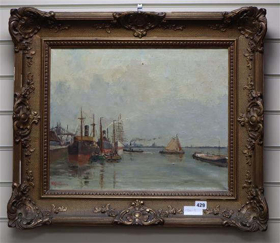 Willem Horselenberg (1881-1961), oil on canvas, Shipping in harbour, signed, 40 x 50cm